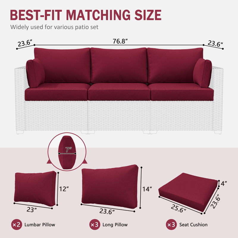 Wynee 8Pcs Outdoor Cushions Patio Furniture Cushions Replacement Set For 3 Seats, Burgundy
