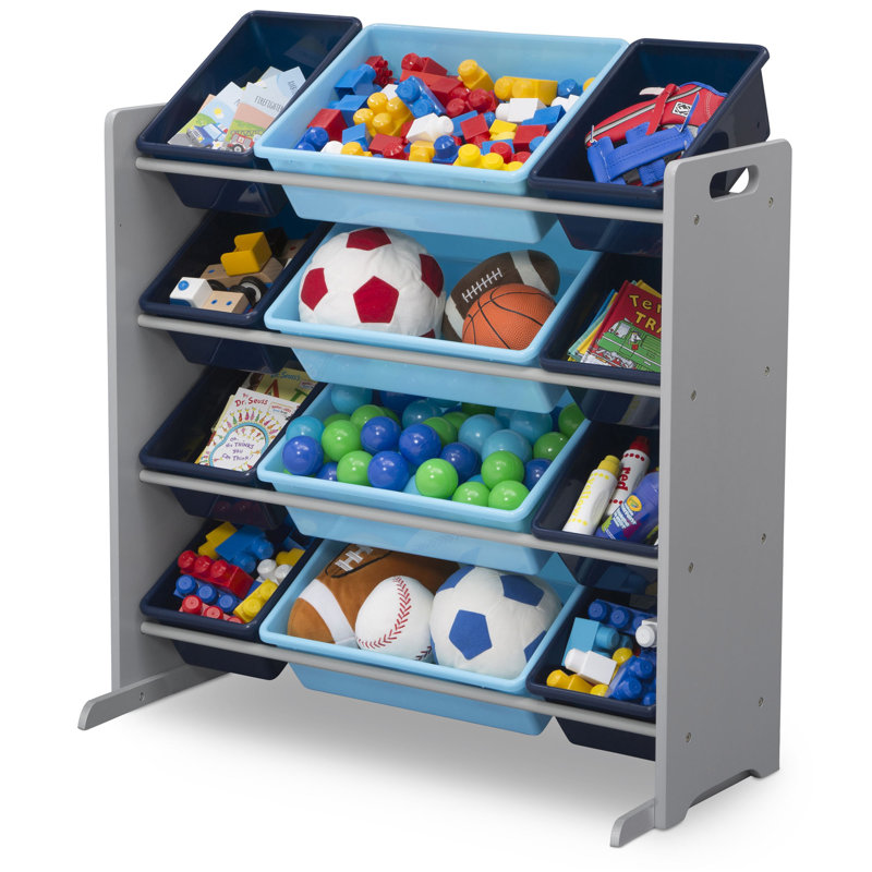 Gray and Blue Wooden Kids Toy Storage Organizer with 12 Plastic Bins