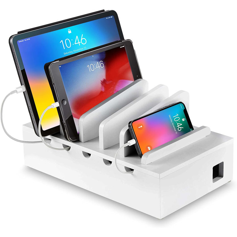 Bamboo Charging Station For Multiple Devices White  Wood Device Organizer, Desk Docking Stand For Cell-Phone Charger, Compatible With Apple, Android, Ipad, Iphone, Tablet, Laptop