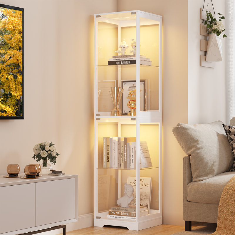 65'' H Clear Display Cabinet with Human Body Sensing Intelligent LED Light, White