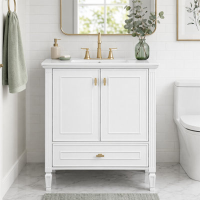 Meuble-lavabo autoportant de 30 po avec lavabo en céramique, cadre en bois massif blanc, portes à fermeture en douceur, rangement de porte