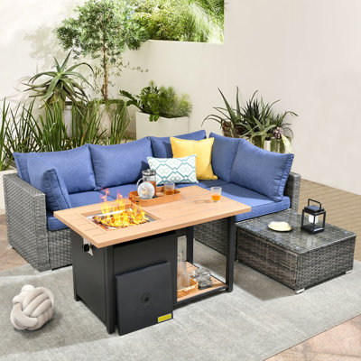 Ensemble de conversation pour 4 personnes avec table basse, ensemble de conversation modulaire en rotin et osier avec coussins, ensemble de conversation pour canapé toutes saisons avec foyer pour table de jardin