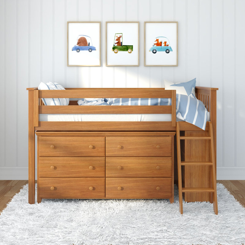 Kaiden Twin 6 Drawer Solid Wood Low Loft Bed with Bookcase with Shelves, Pecan