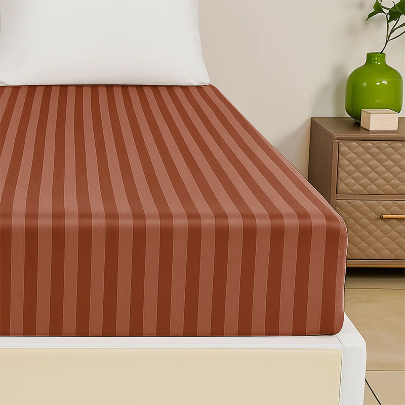200 Thread Count Microfibre Stripe Fitted Sheet 40cm, Rust, Double (4'6)