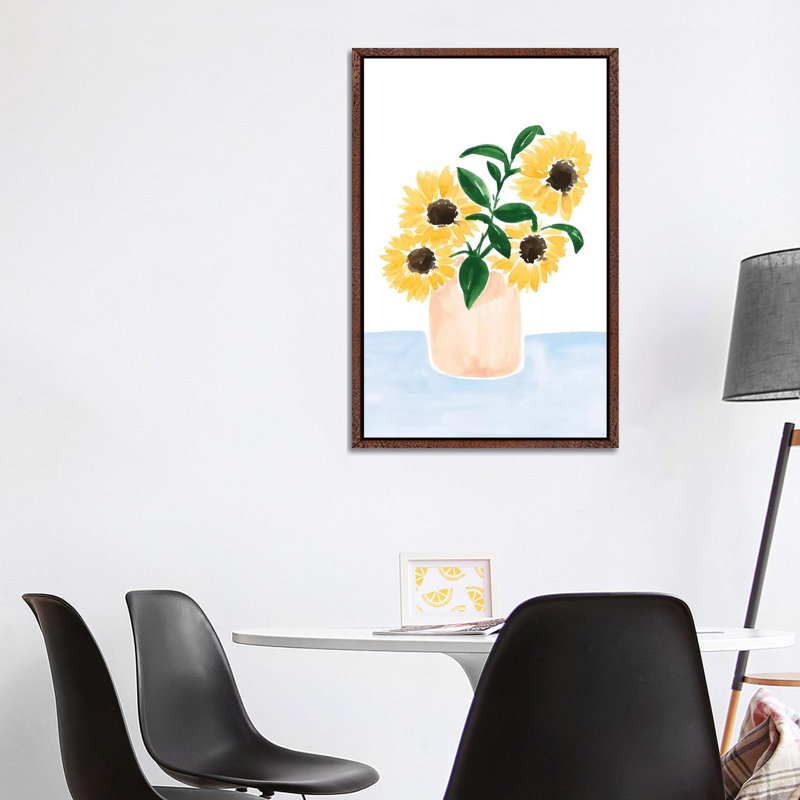 Sunflowers In A Vase by Sabina Fenn - Painting on Canvas, 101.6cm H x 66.04cm W x 3.81cm D, Classic Brown Wood Floater Framed