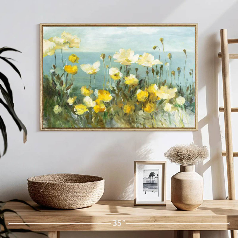 Champ de coquelicots, 19 po x 13 po, Cadre flottant en bois naturel