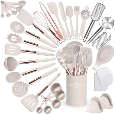 Ensemble d'ustensiles de cuisine en silicone, ensemble d'ustensiles de cuisine en acier inoxydable, résistant à la chaleur antiadhésif, kaki