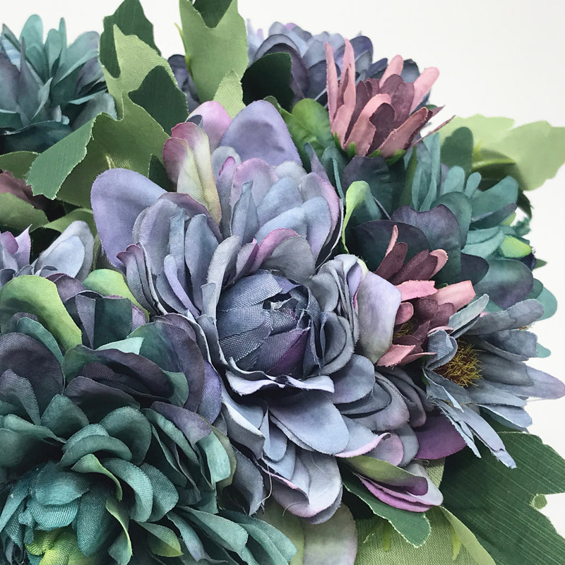 Blue and Purple Silk Flower Arrangement in White Ceramic Vase