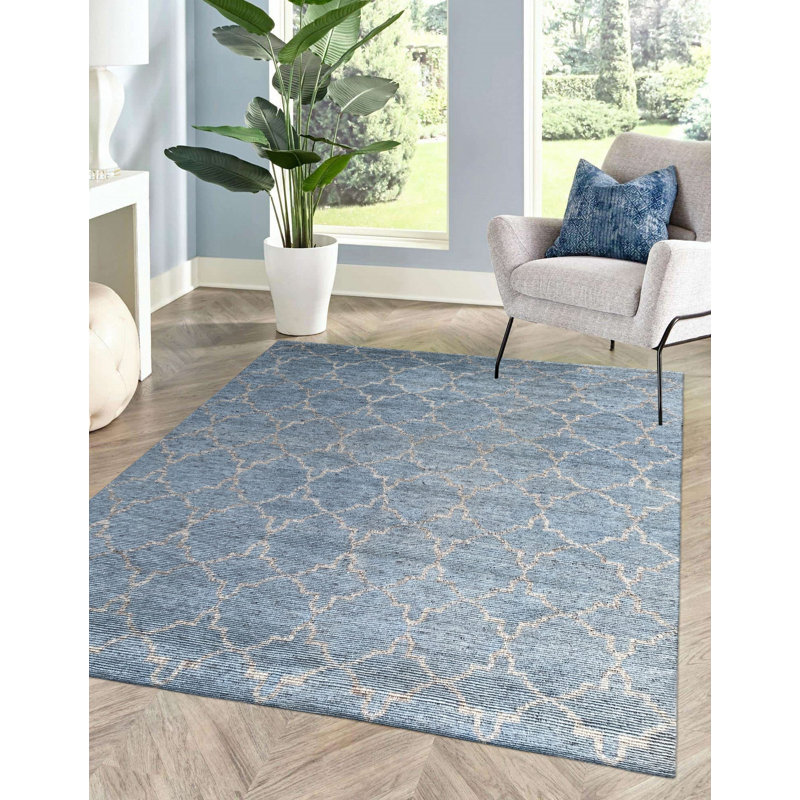 Blue Hand-Knotted Wool Lattice Diamond Geometric Modern Contemporary Carpet Rug, 9' x 12'