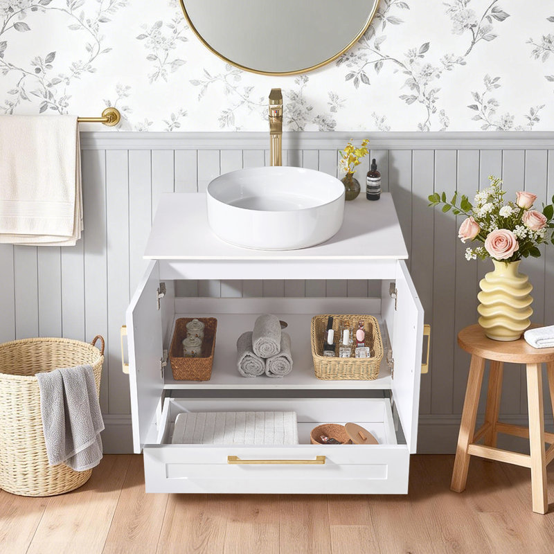 Meuble-lavabo autoportant moderne de 30 pouces avec lavabo vasque en céramique blanche