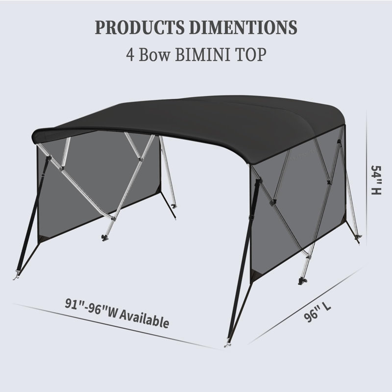 4 Bow Bimini Top with Light-Filtering Side Curtains, Watercraft 600D PU Canvas & 1" Aluminum Frame, 2 Straps, 2 Stable Rear Support Pole
