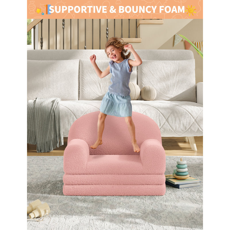 2-in-1 Convertible Kids Sofa Chair – Soft Sherpa, High-Density Foam, Fold Out Lounger for Playroom, Nursery, Bedroom – Comfy Toddler Couch, Machine Washable – Pink