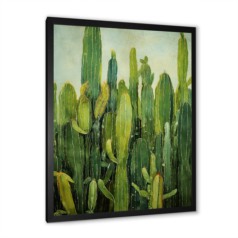 " Green Cactus Contour Collage ", 32" H x 24" W x 1" D, Black Single Picture Framed