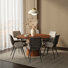 Table de salle à manger 53 po Adara en noyer et 6 fauteuils Ludovick en tissu gris chaud et similicuir gris anthracite avec base noire