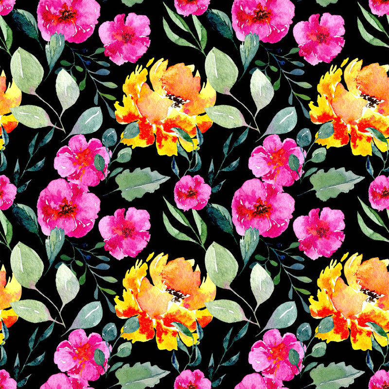 Panneau de papier peint 10,4 pi x l 125 po Brightly Flowers On Dark, L 10,4 pi x l 125 po