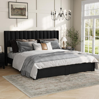 Bed Frame, Bed Frame Upholstered Platform Bed with Velvet Headboard, Wing Edge Design