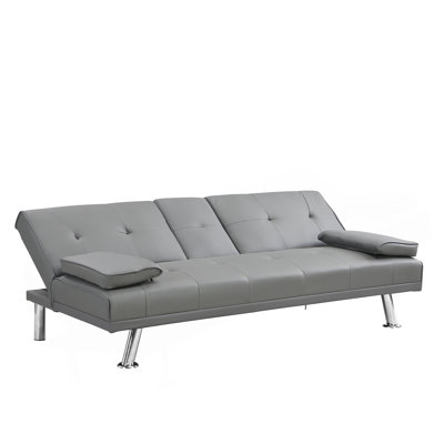 Sofa Bed With Armrest Two Holders WOOD FRAME, STAINLESS LEG, FUTON GREY PVC