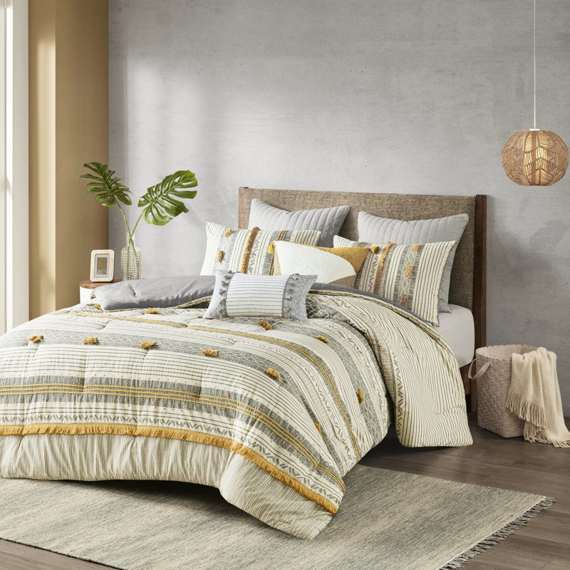 Édredon 3 pièces gris / jaune double / grand, imprimé 100% coton rayé, rembourrage, literie distinctive avec imprimé et attrayant