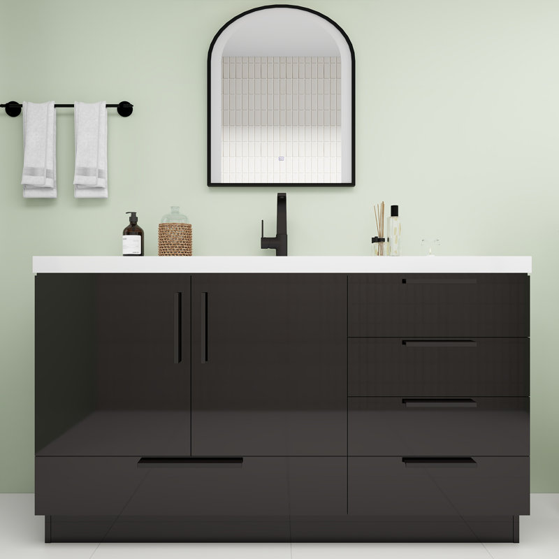 Meuble-lavabo autoportant avec tiroirs à droite Carla, 59", Lustre noir