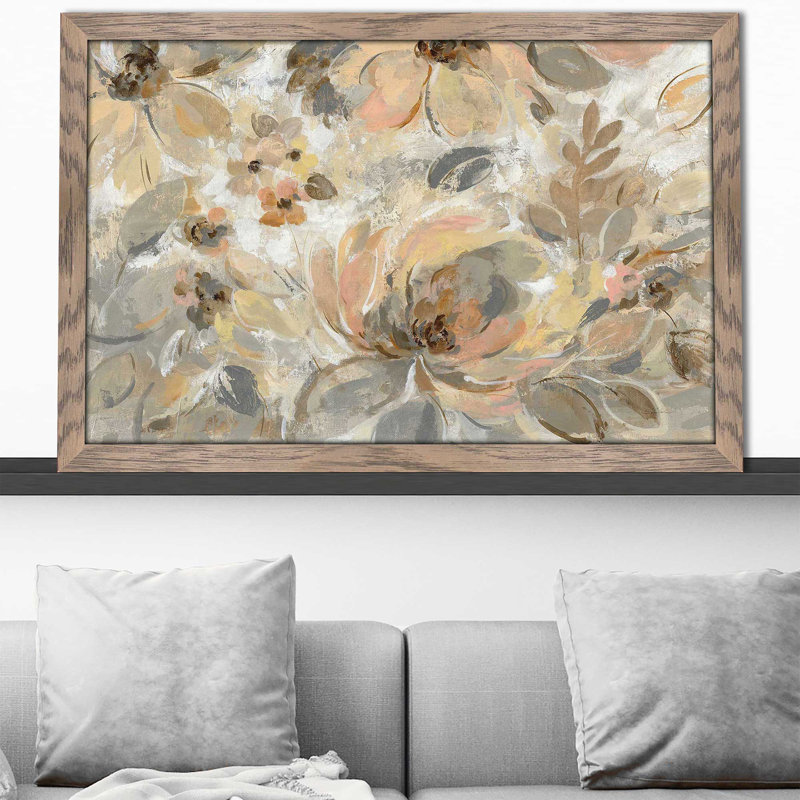 Ivoire floral - peinture, Cadre taupe délavé, H 33,5 po x l 49,5 po x P 1 po
