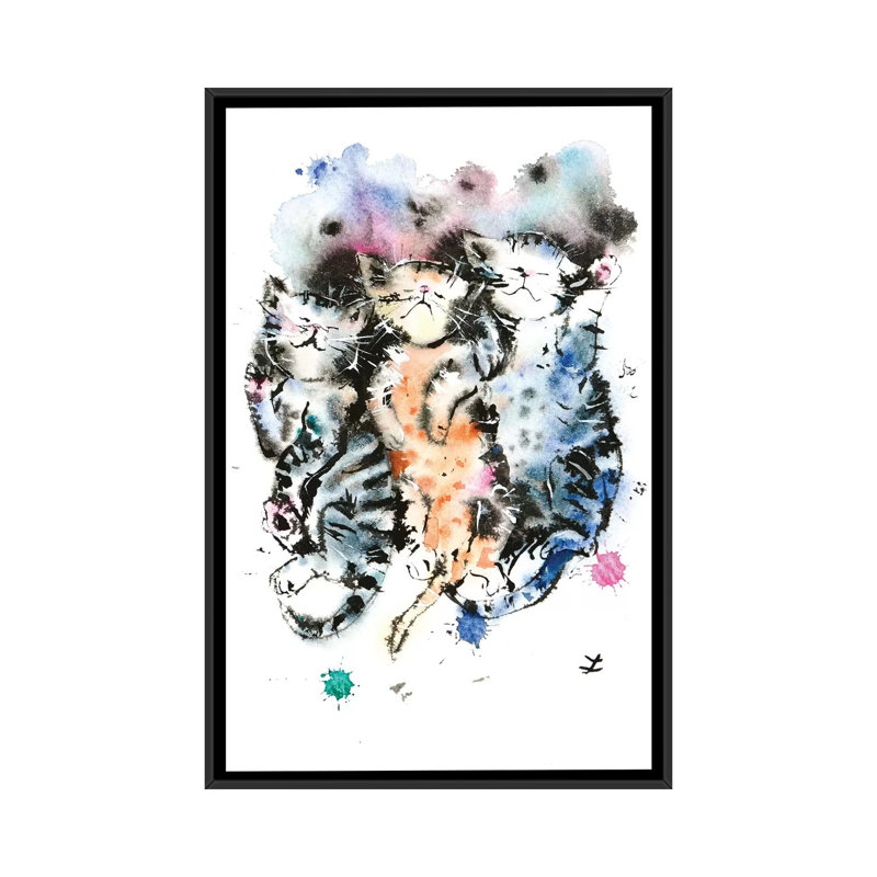 « three sleep chatons », reproduction sur toile, H 26 po x l 18 po x P 1,5 po, Toile avec cadre noir, Pas de tapis
