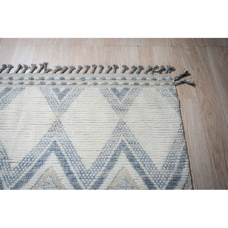 8x11 Ivory Hand-Knotted Wool Layered Diamond Weave Geometric Modern Contemporary Carpet Rug