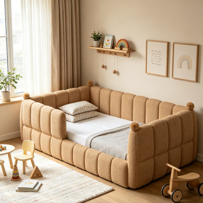 Twin Size Upholstered Platform Bed With Safety Rails