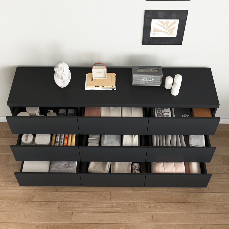 Commode 9 tiroirs sans poignée, bois mat moderne pour le rangement de la chambre à coucher et du salon, Noir
