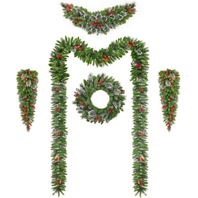 Pre-Lit Frosted Christmas Wreath and Garland Set of 6, Christmas Decoration with Pine Cones, Holly Berries, 1 X Wreath, 2 X Teardrop Swag, 2 X Garlands, 1 X Arc Garland, Festival Decor Set for Home
