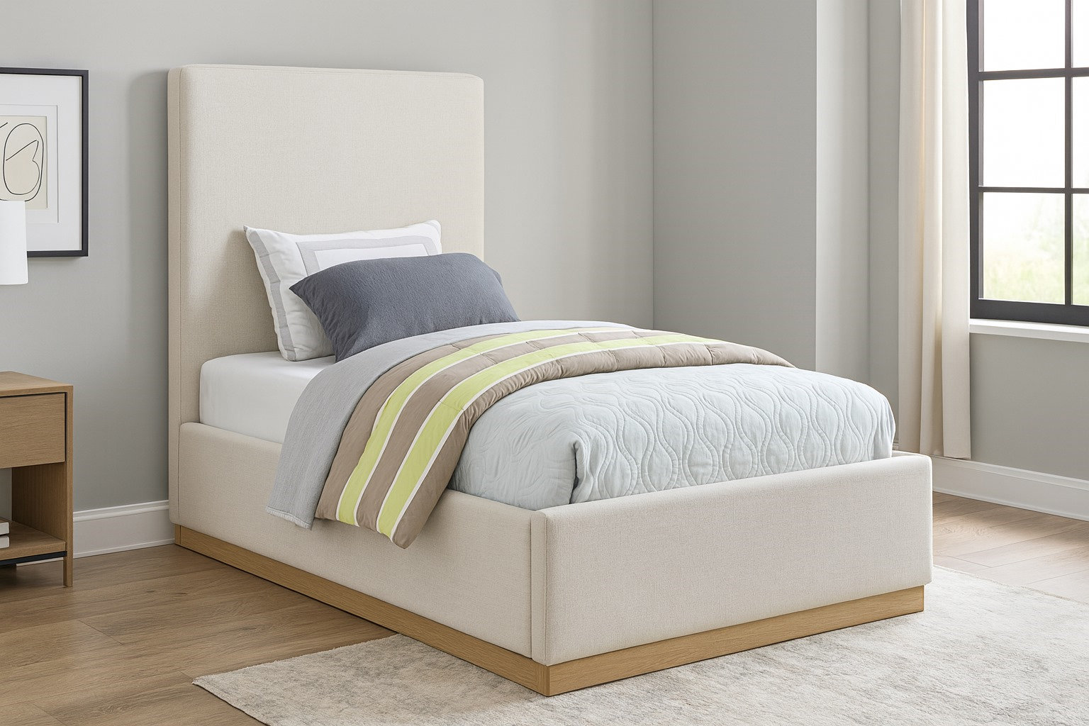 Citori Linen Upholstered Bed, Twin, Cream Linen Textured Fabric