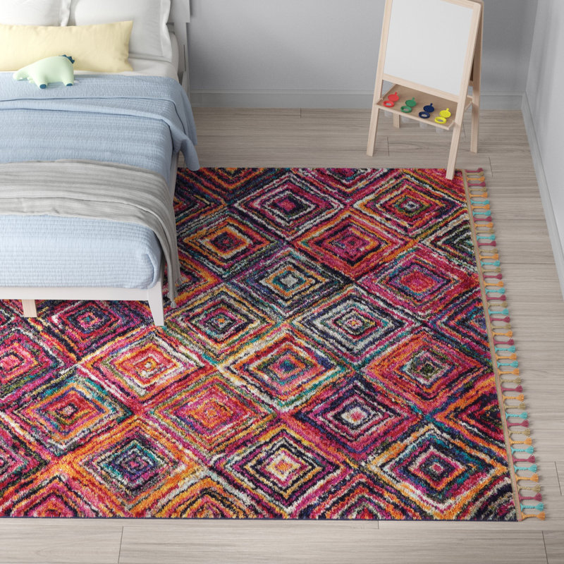 Raul Moroccan Blue/Red/Orange Rug, Rectangle 3'11" x 6'