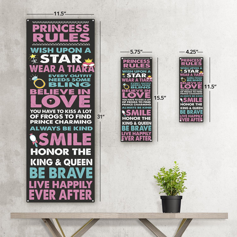 «Princess Rules Metal Sign» sur métal, H 4,25 po x l 11,5 po