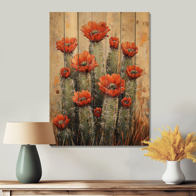 Cactus In Full Bloom - Floral Cactus Wood Wall Decor - On Natural Pine Wood