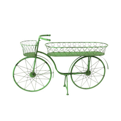 Jardinière en métal en forme de vélo de 125 cm de long avec deux paniers à fleurs vertes