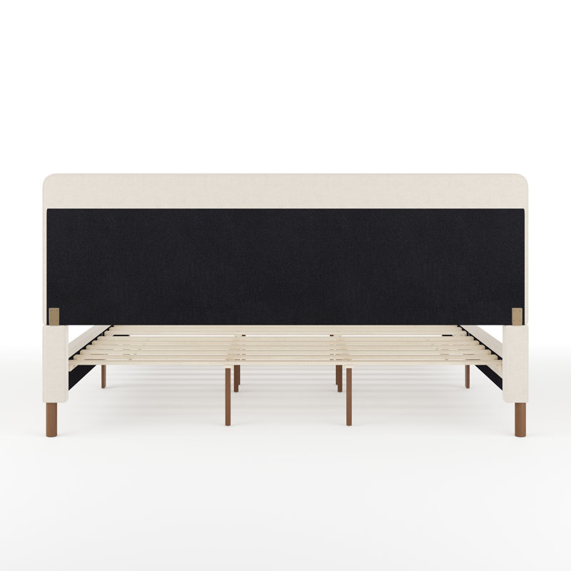 King Beige Linen Upholstered Platform Bed with Walnut Legs