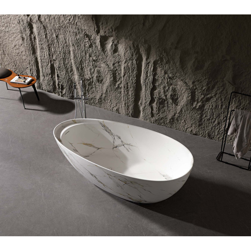 67"  Freestanding Solid Surface Bathtub With Black & Gold Veining Design Neckless Rensin Stone Bathtub