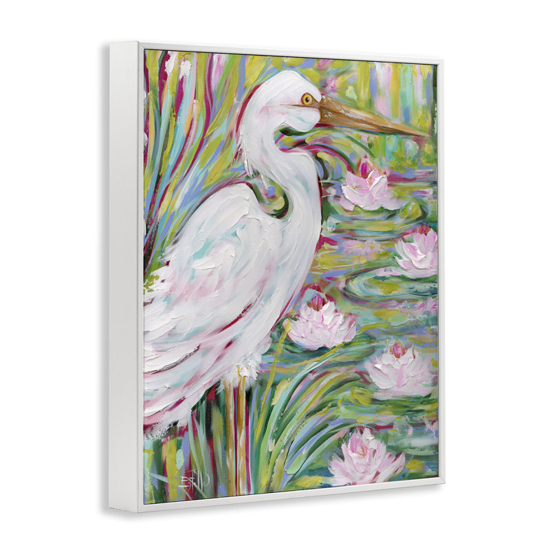 Grande aigrette et lotus, estampe numérique par Estelle Grengs, H 30 po x l 24 po