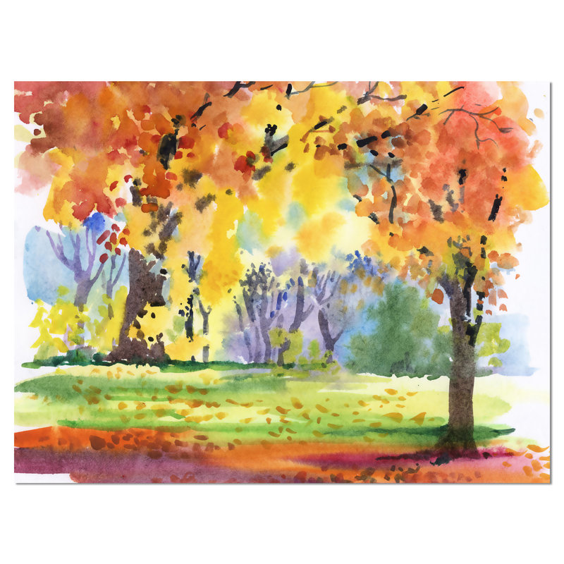 « automne park yellow trees », reproduction de peinture à l’aquarelle sur toile tendue, H 30 po x l 40 po x P 1 po