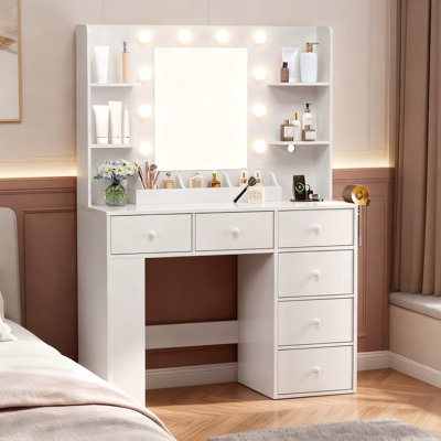 Particle Board Veneered With Textured Melamine, 6-Drawer 3-Compartment Double-Layer Side Rack, Side Panel Storage Style Dressing Table With 10 Three-C by Wrought Studio