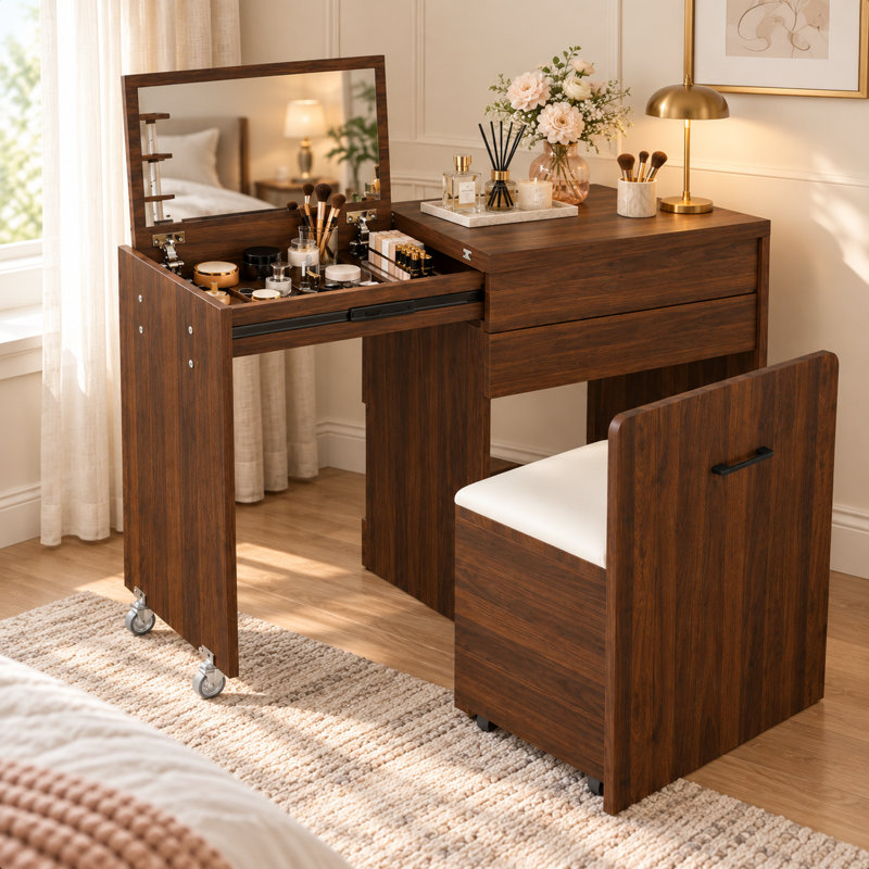 Coiffeuse extensible 3 en 1 de 119 cm (47 po) avec miroir rabattable, bureau pliant avec rangement pour cosmétiques, tiroir et tabouret de rangement à roulettes, noyer
