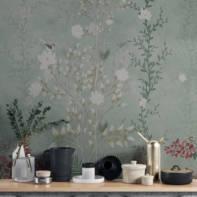 Papier peint mural floral chinois vert sauge | Motifs botaniques de vigne et d'oiseaux | Intissé ou autocollant