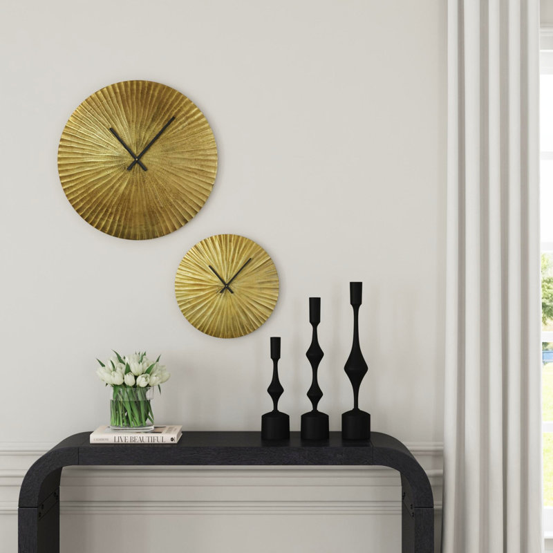 Large Antique Brass Sunburst Textured Metal Wall Clock