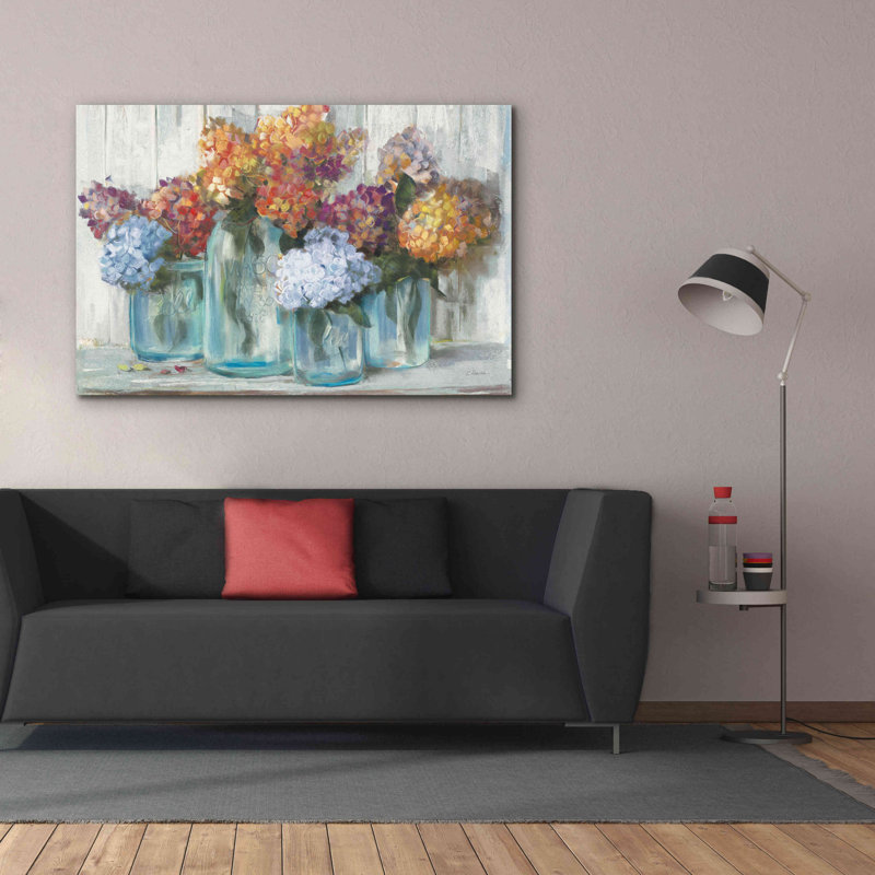 «Aansu Fall Hydrangeas In Glass Jar Crop On Canvas» par Carol Rowan, H 40 po x l 60 po x P 1,5 po