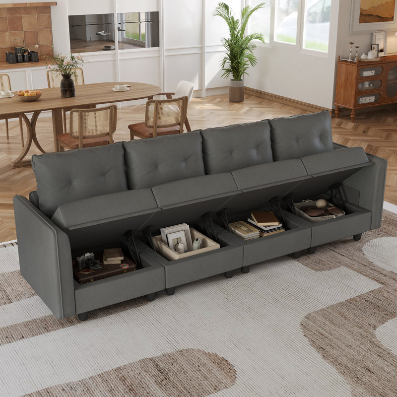 Canapé rembourré 4 places avec rangement Tomario, Polyester gris