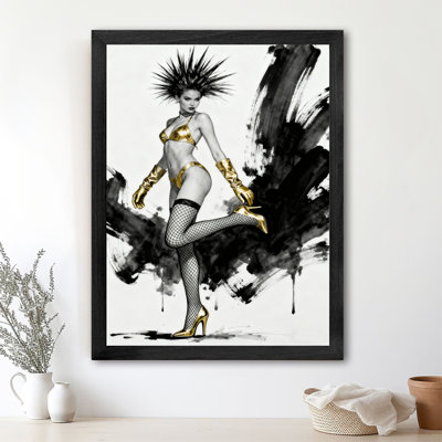 Black Framed Vintage Punk girl in black and white ink painting Wall Art Retro Style Framed Prints