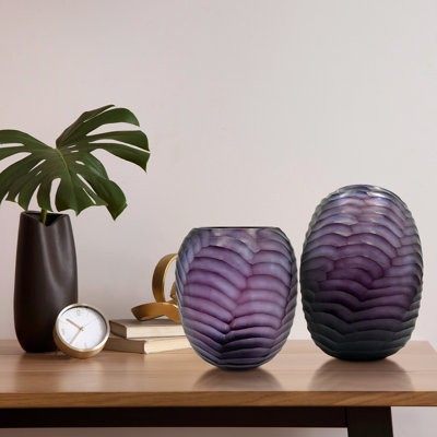 Set of 2 Decorative Handmade Glass Royal Amethyst Modern Art Vase in Purple
