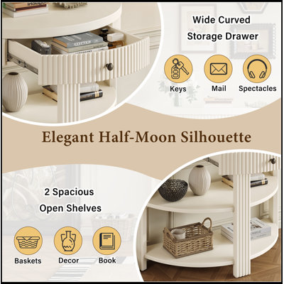 Console demi-lune avec tiroir et 2 tablettes