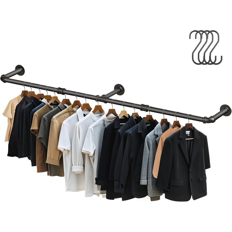 Portemanteau mural 64,9 po industriel, barre à vêtements en fer détachable robuste, tringle de rangement rustique peu encombrante pour la chambre à coucher, garde-robe - noir