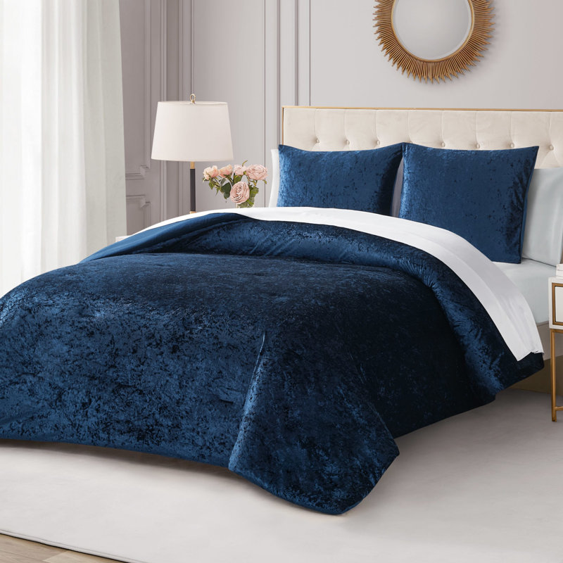 Juicy Couture Crushed Velvet Reversible Comforter & Shams Bedding Sets, King Comforter + 2 King Shams, Heritage Blue