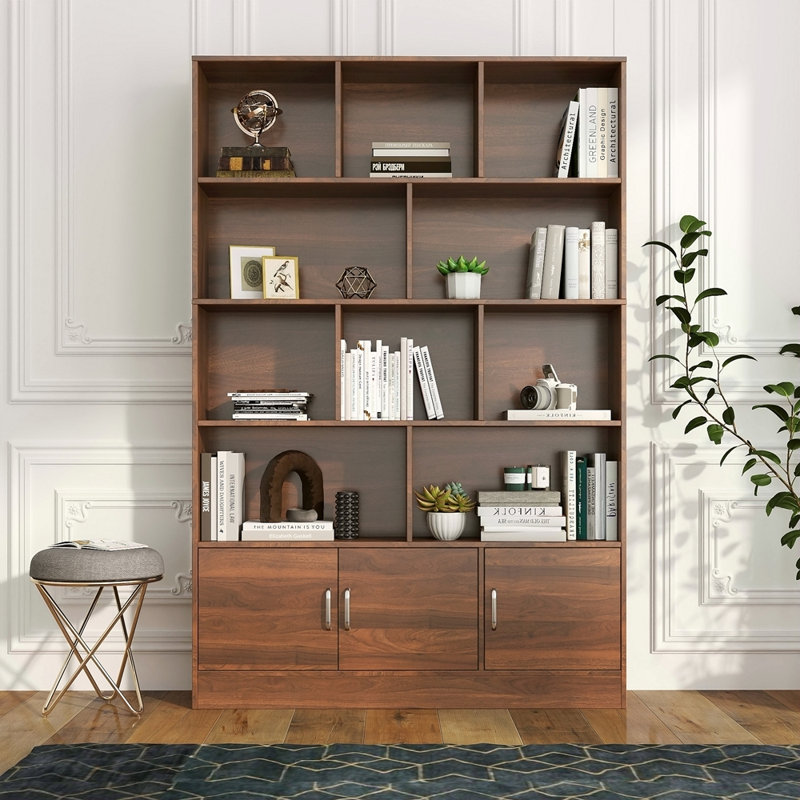 Bibliothèque de 70,87 po de hauteur avec 10 cubes et 3 portes, bibliothèque à 4 niveaux, bibliothèque ouverte avec armoire, rangement à cubes moderne pour le salon et le bureau